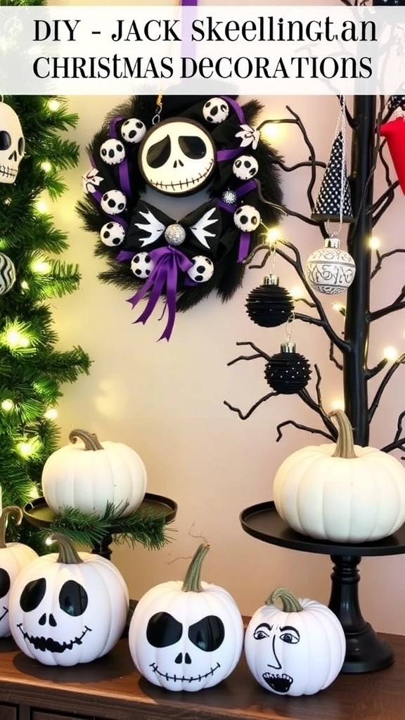 DIY Jack Skellington Christmas decorations including a wreath, ornaments, and painted pumpkins with string lights.